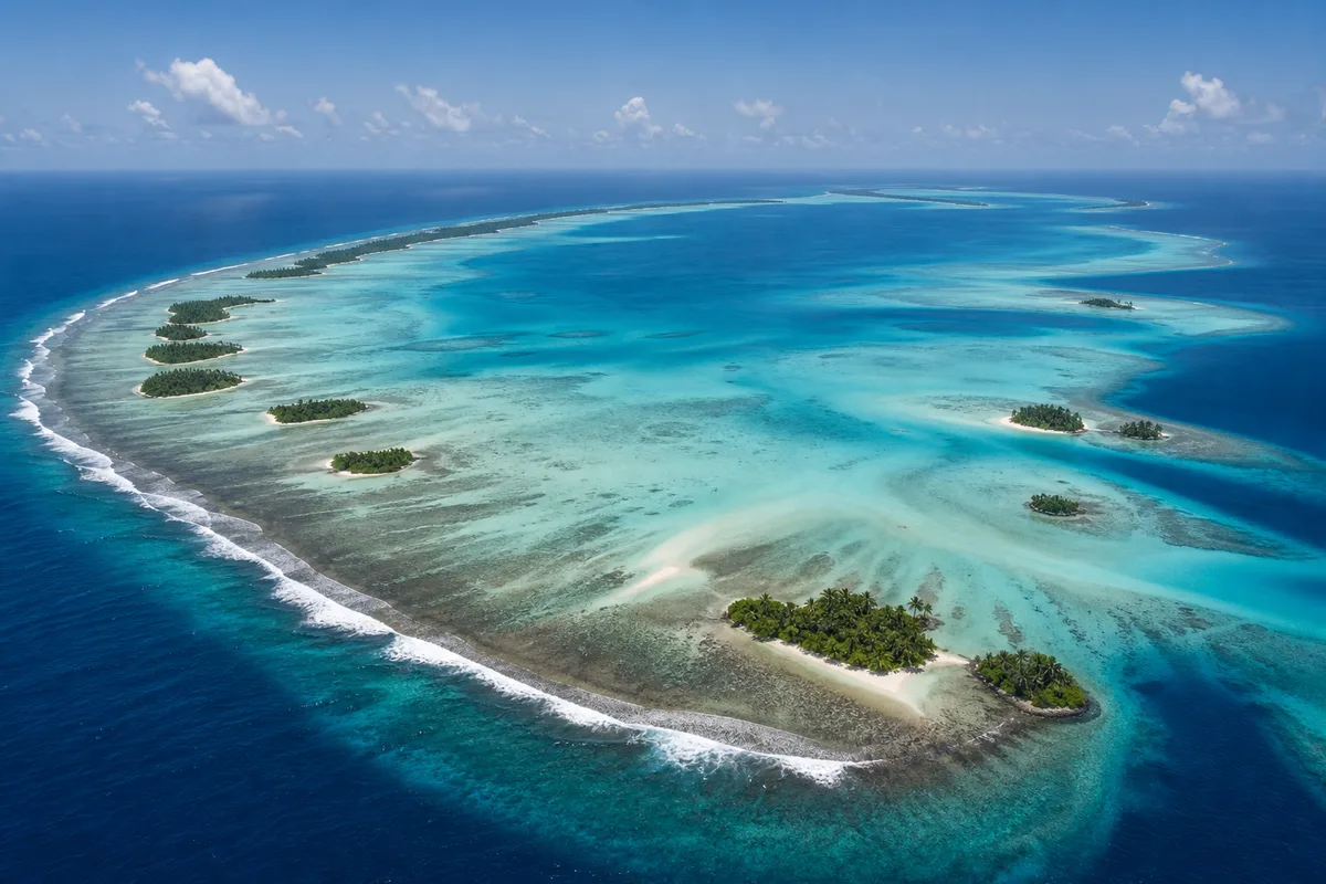 Baa Atoll lagoon and crescent reef from above