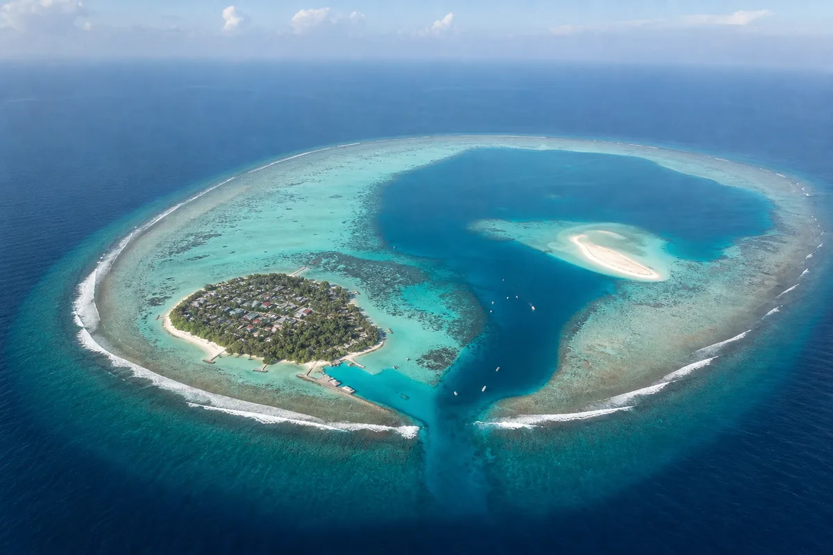 Compact Rasdhoo Atoll lagoon and channel from above
