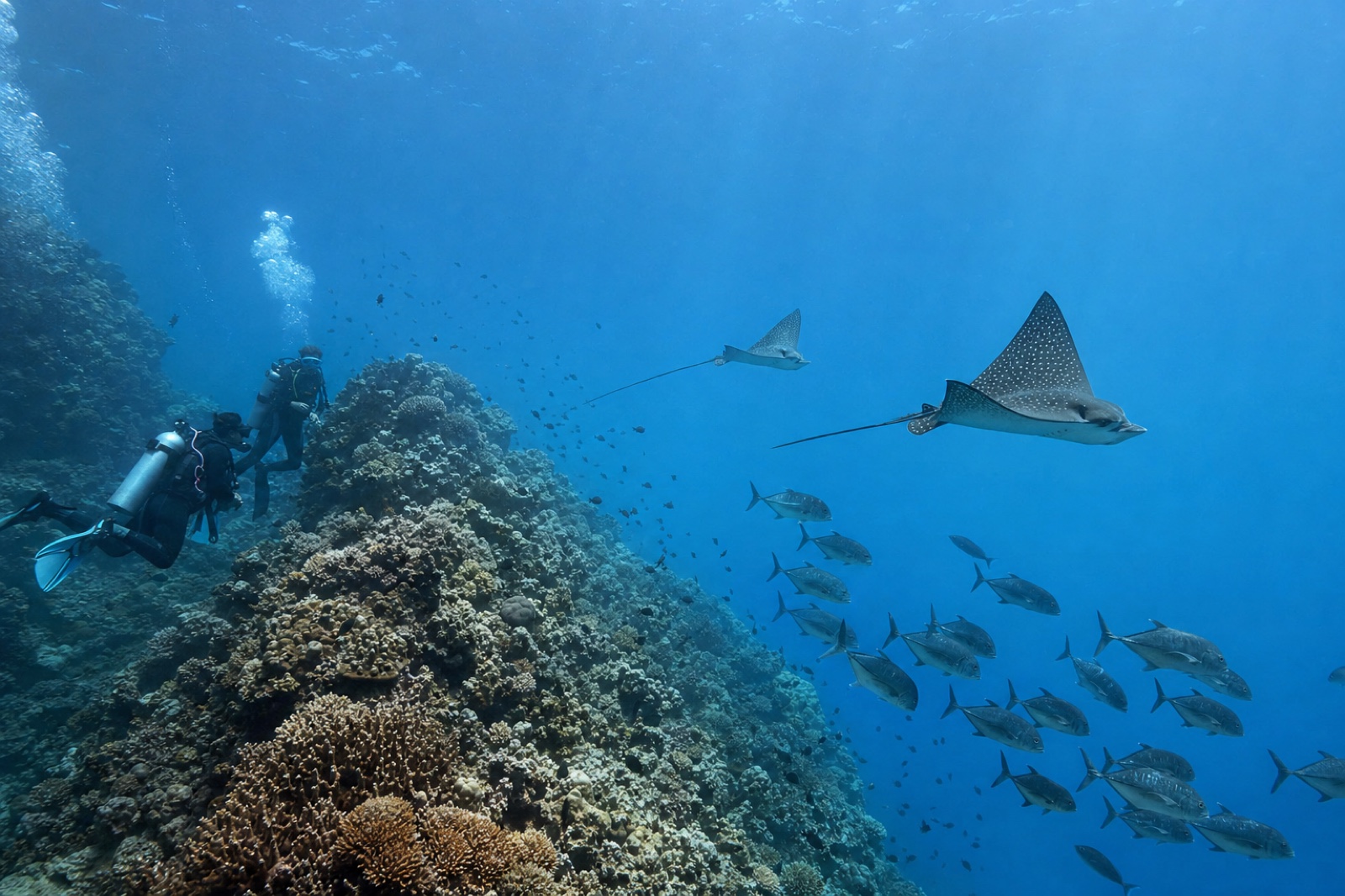 Spotted eagle rays and jackfish passing Kandooma Thila