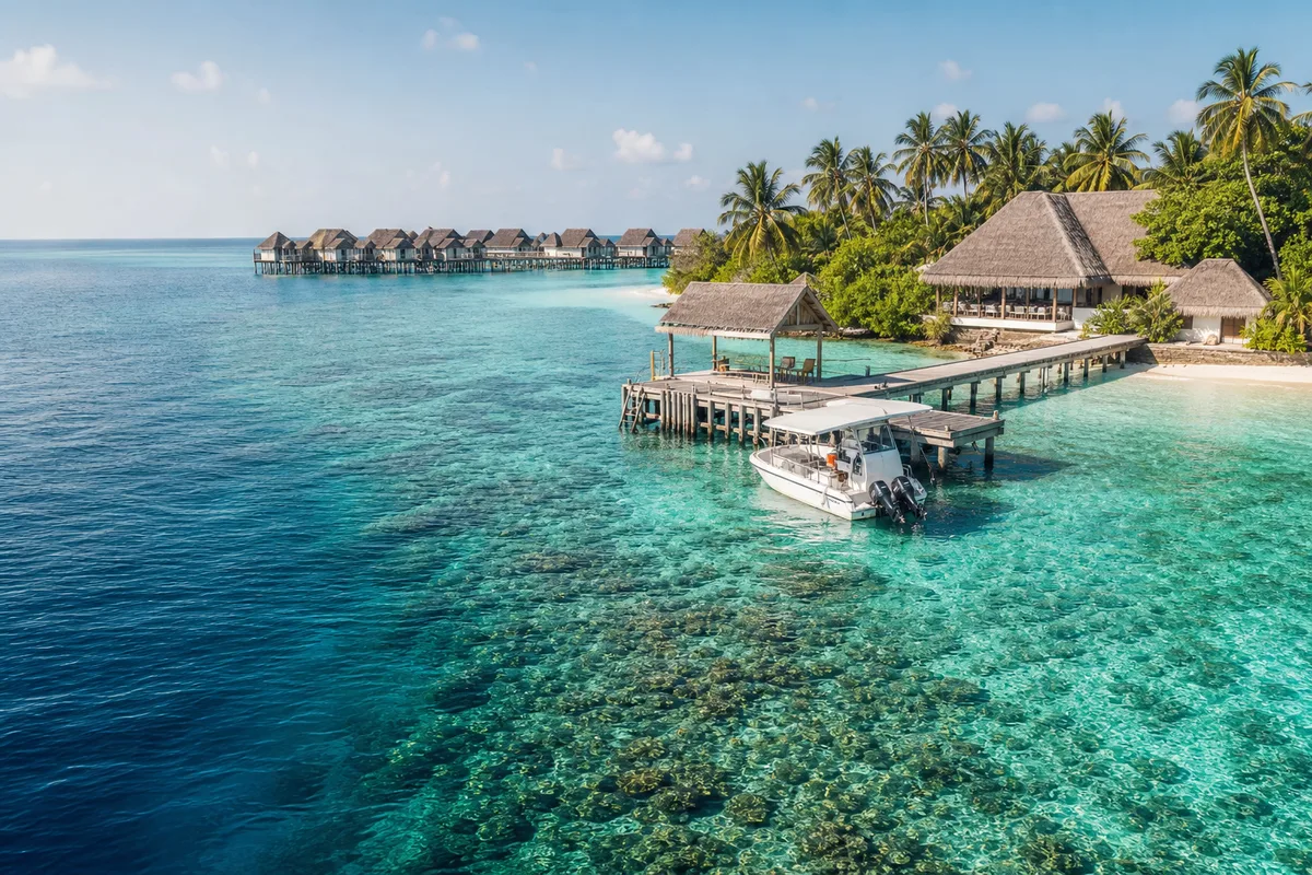 Maldives resort dive jetty beside a clear house reef