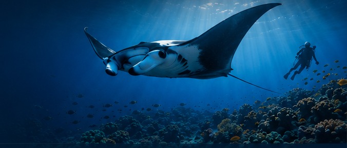 Reef manta ray gliding above a Maldives reef near a distant diver