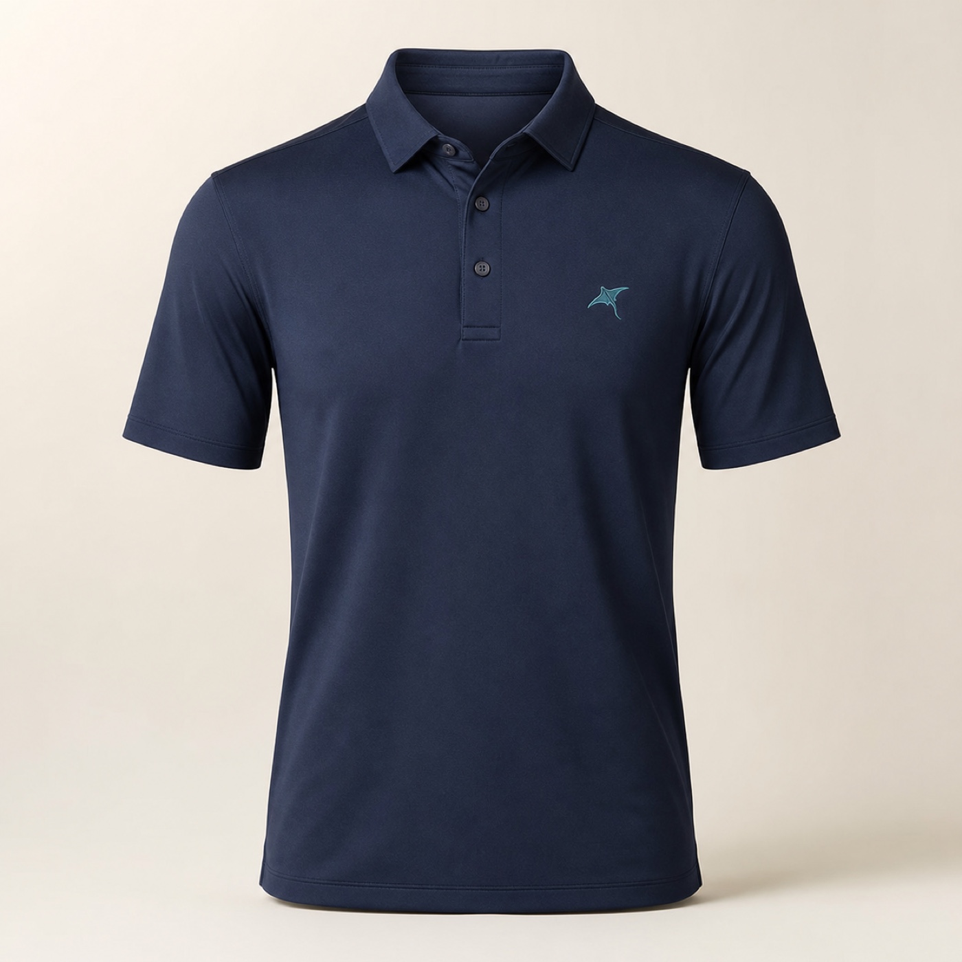 Navy performance polo with an embroidered manta emblem